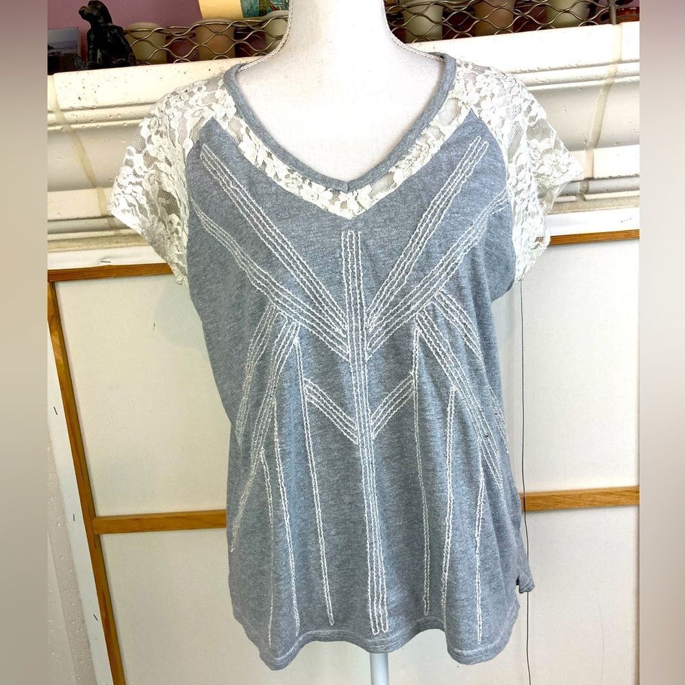Miss Me Gray embroidered & blinged Lace Sleeve Top